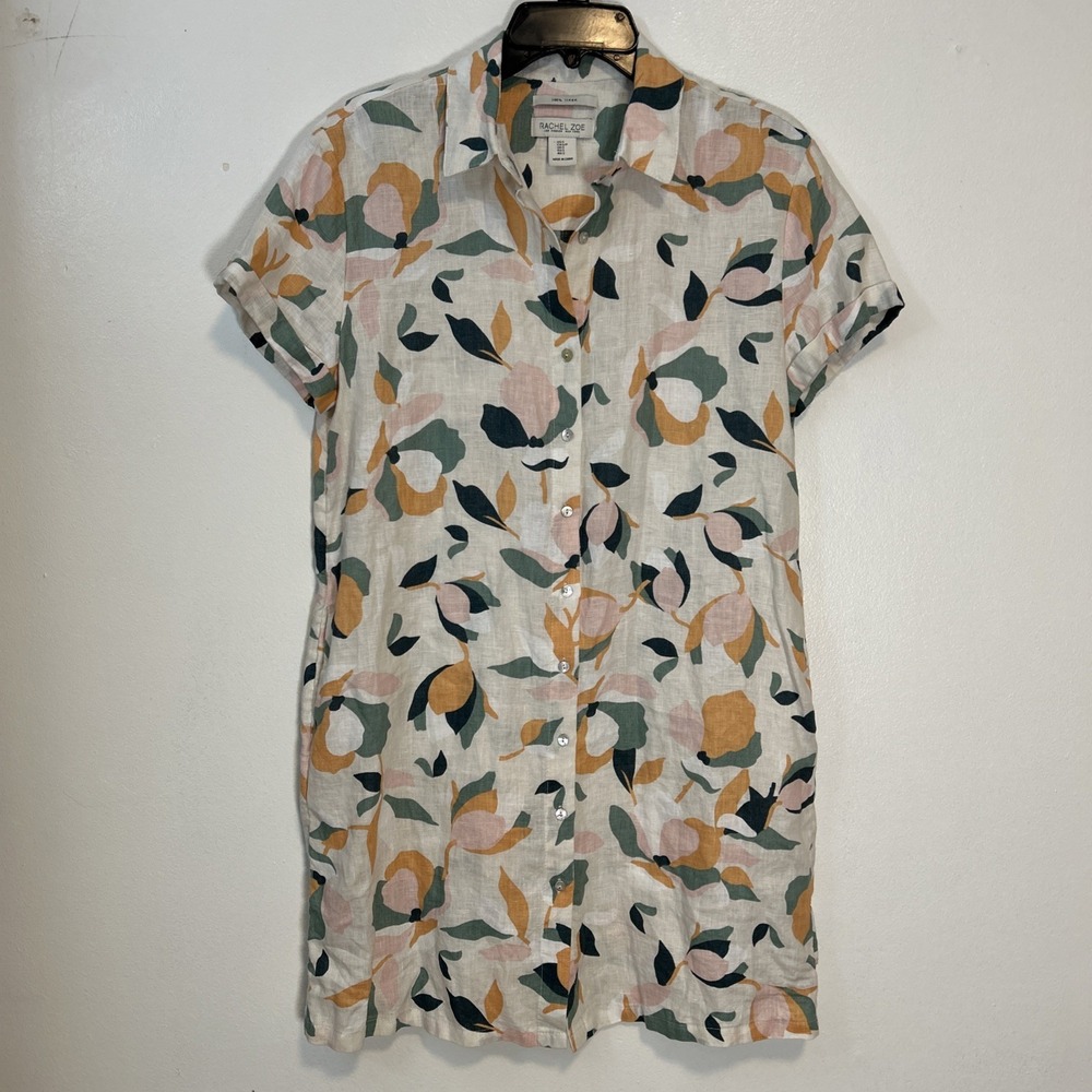 Rachael Zoe Women S 100% Linen Floral Button-Down Short Sleeve Shift Dress 6375 - Picture 4 of 9